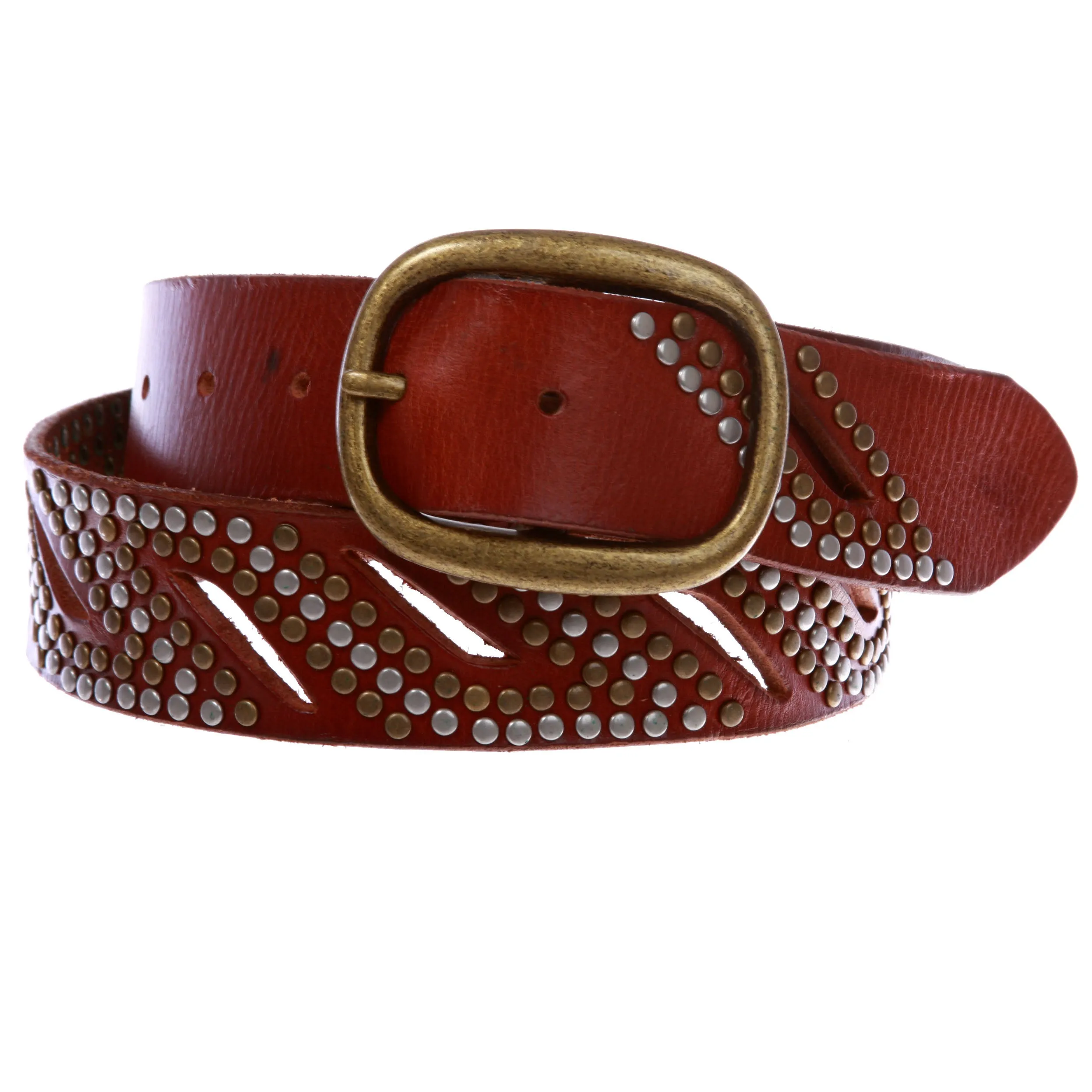 1 1/2" Oval Snap on Perforated Nailhead Studded Cowhide Solid Leather Belt