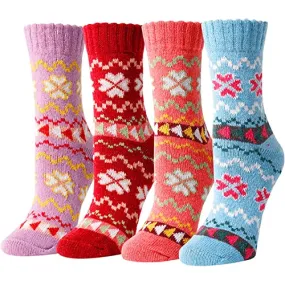 4 Pairs Women Wool Socks, Warm Cabin Nordic Socks, Vintage Socks, Thick Knit Cozy Winter Socks for Women Gifts