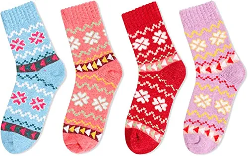 4 Pairs Women Wool Socks, Warm Cabin Nordic Socks, Vintage Socks, Thick Knit Cozy Winter Socks for Women Gifts