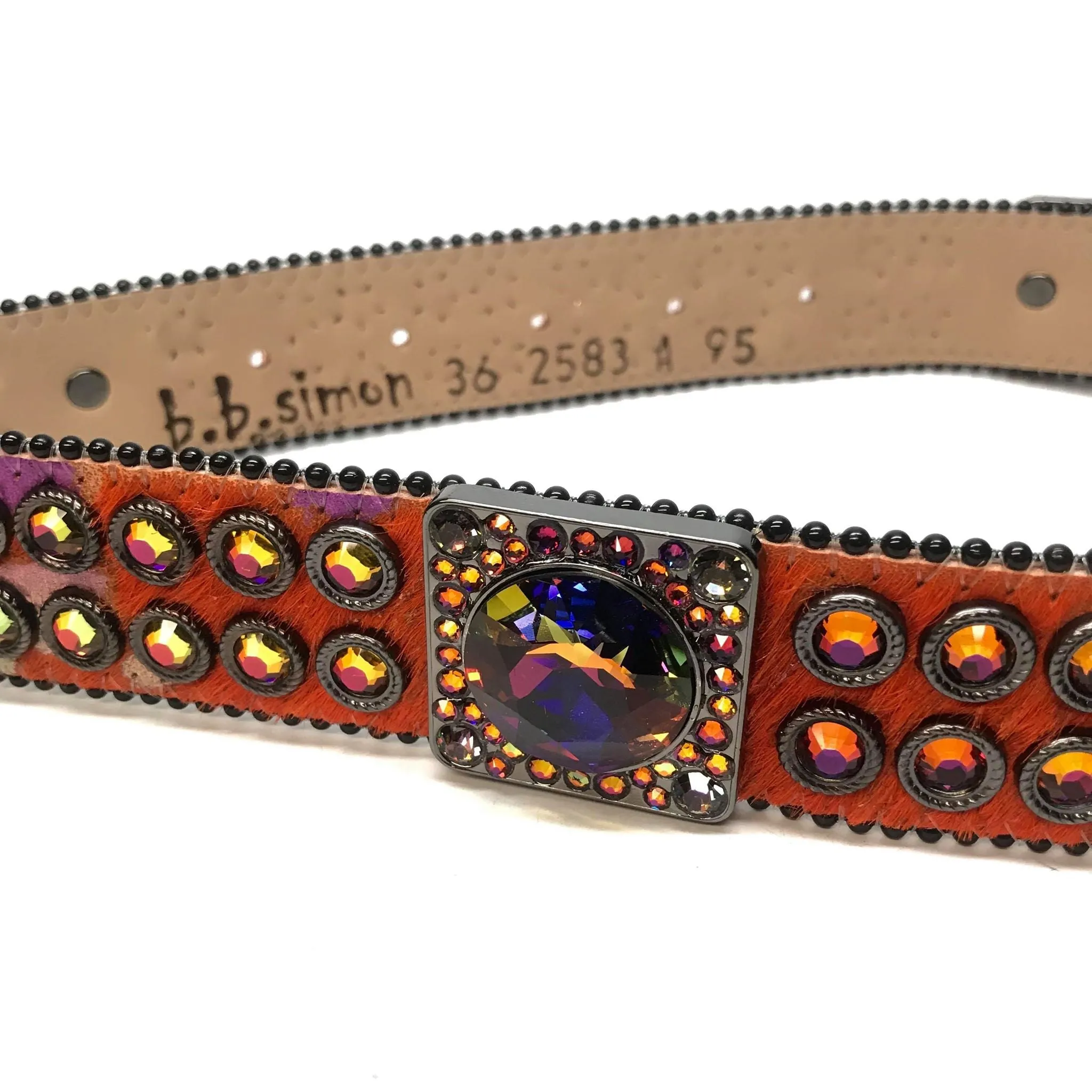 b.b. Simon Big Block Orange Iridescent Pony Hair Crystal Belt