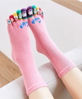 Boho Multicolor Cartoon Cotton Mid Calf Socks Five Finger Socks