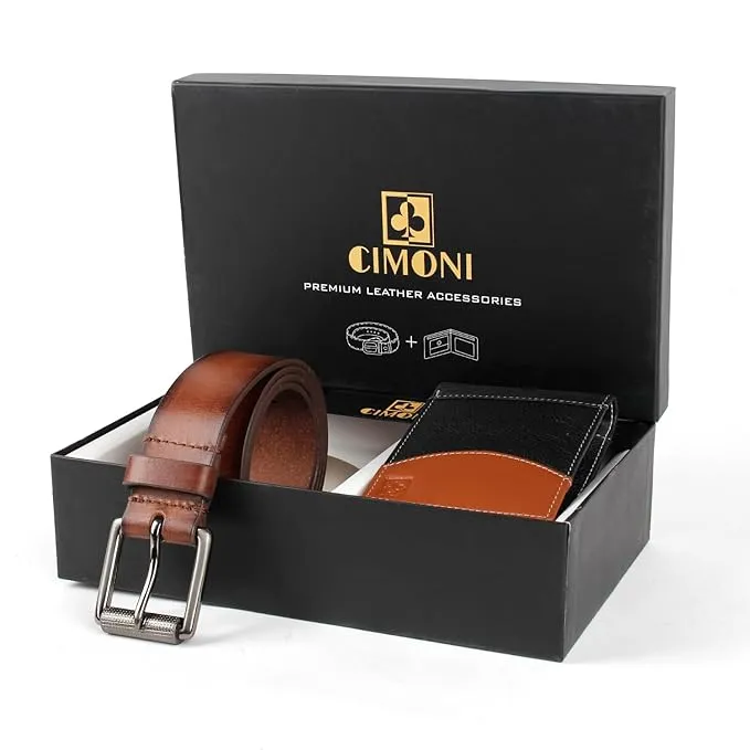 CIMONI® Premium Vegan Leather Belt & Wallet Combo for Men RFID Protection Dual Tone Wallets Classic Belts