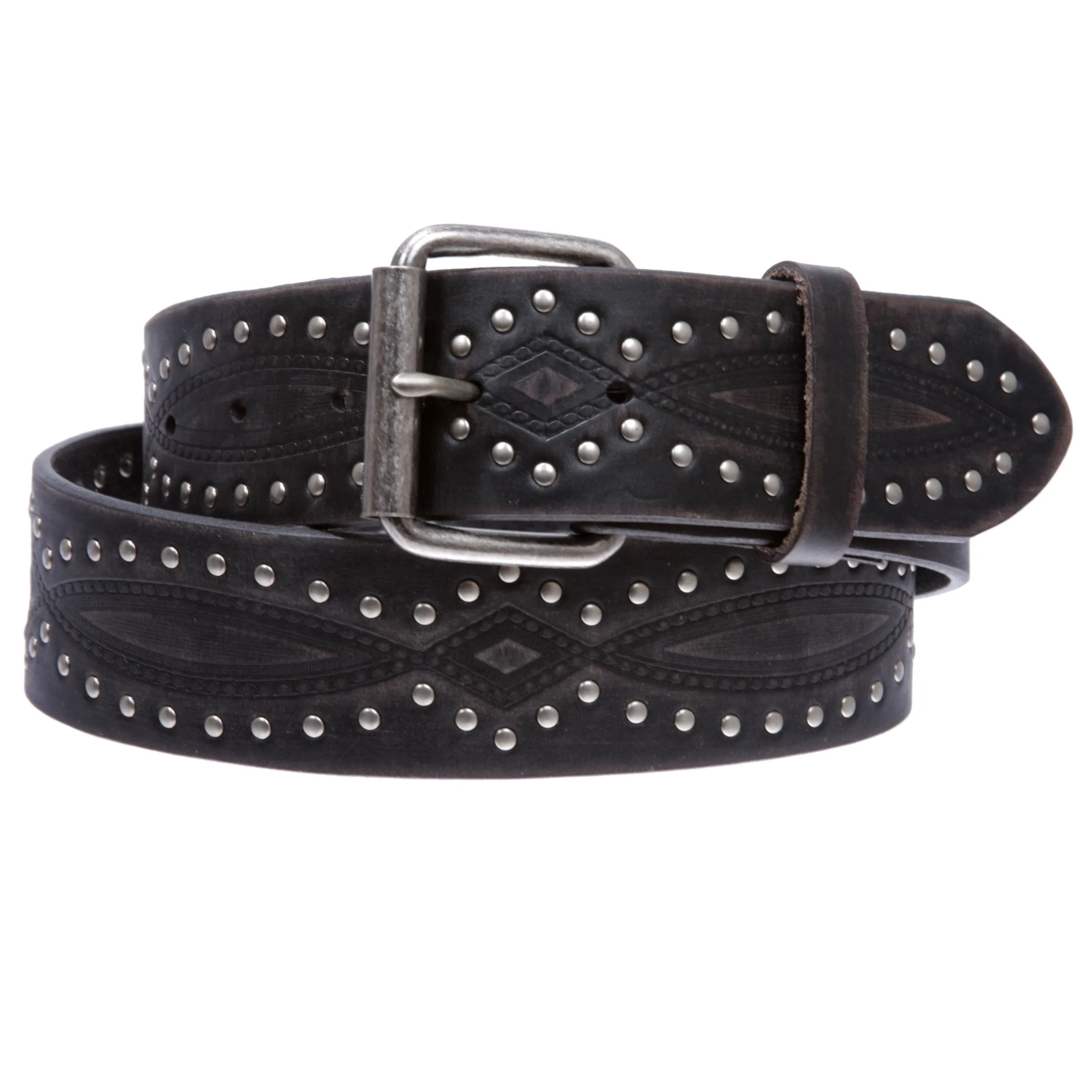 Embossed Vintage Cowhide Thick Leather Riveted Nailhead Studded Casual Jean Belt