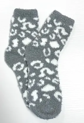 Fuzzy Leopard Socks - Dark Grey & White