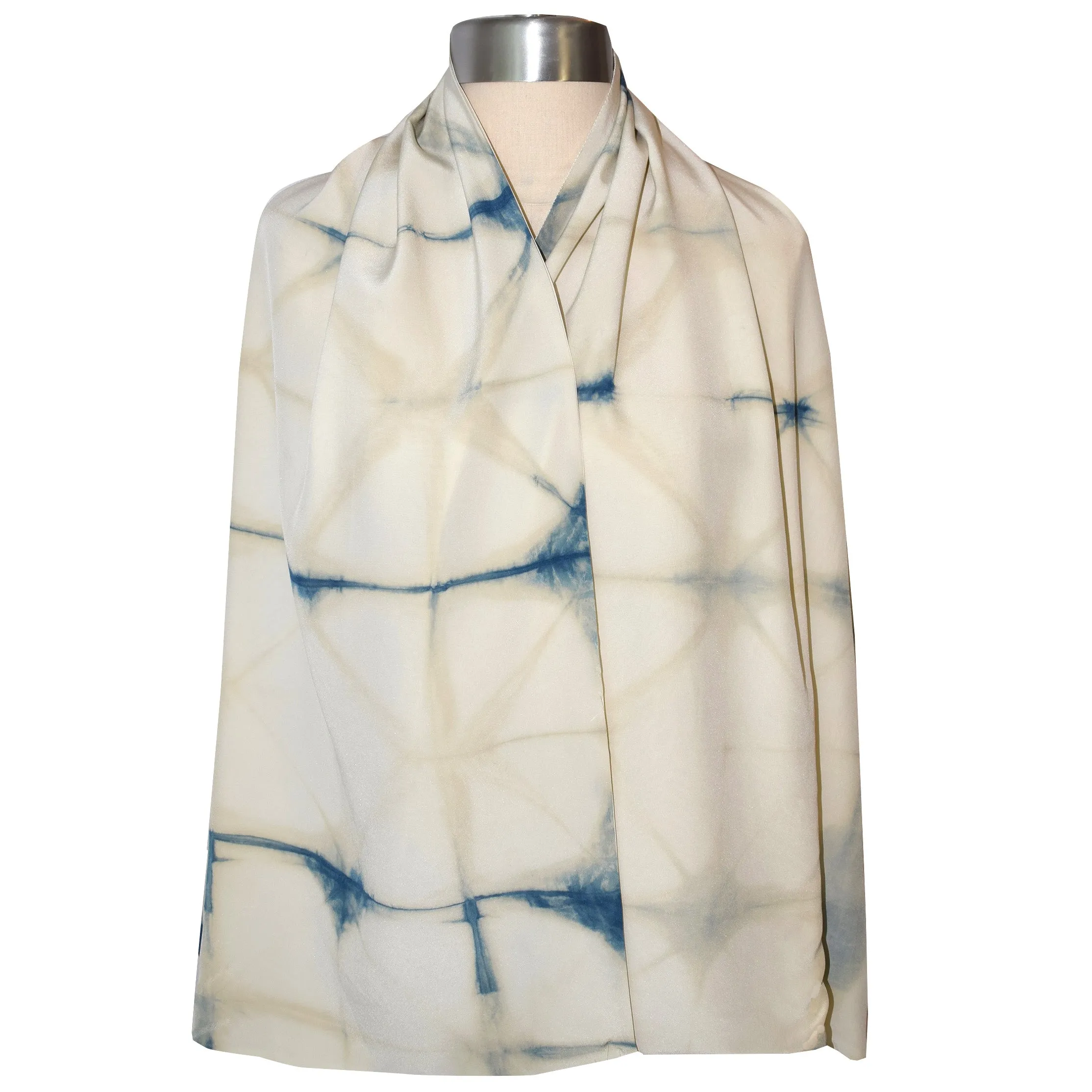 Hand Dyed Shibori Indigo and Cream Crepe Silk Wrap