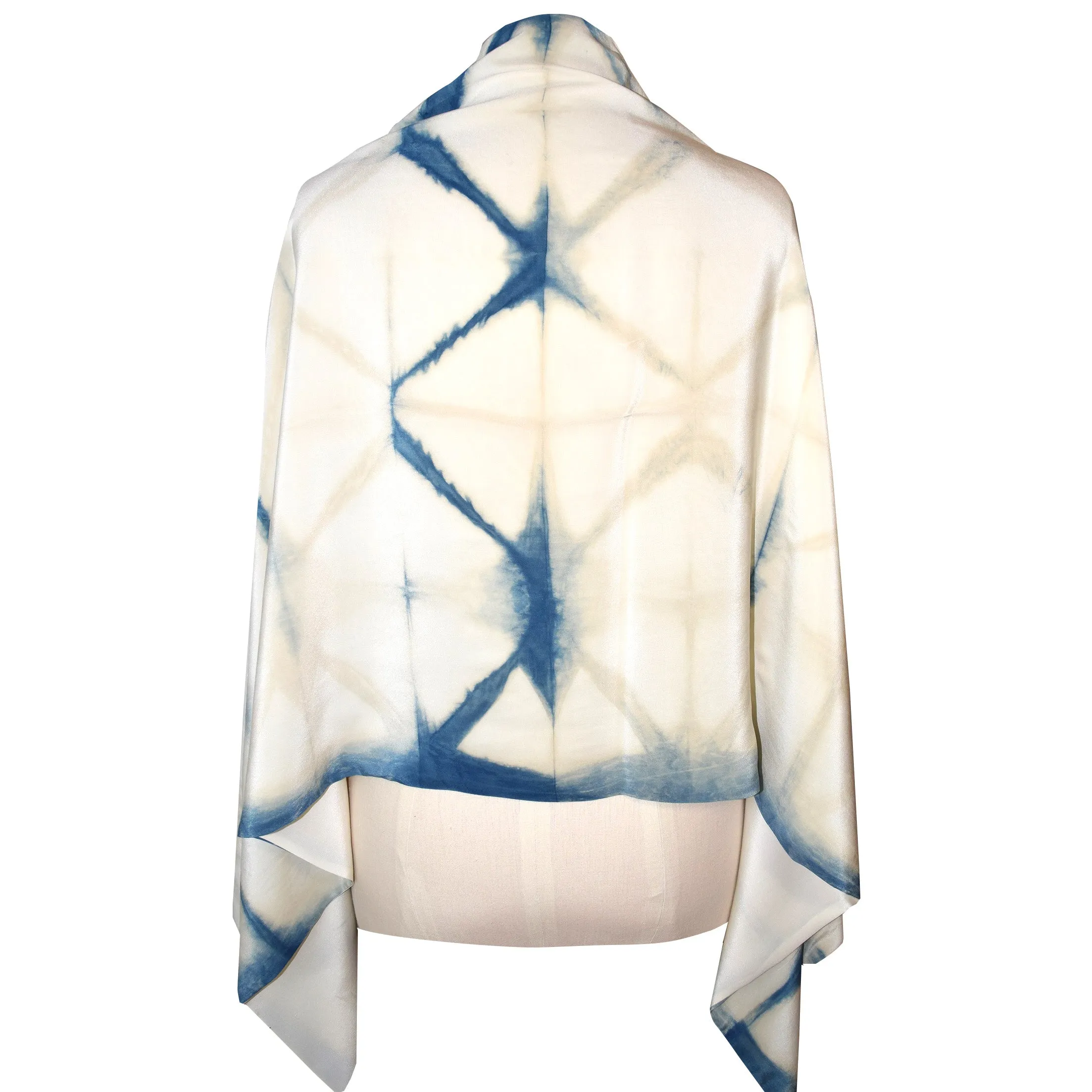 Hand Dyed Shibori Indigo and Cream Crepe Silk Wrap