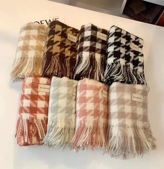 Houndstooth Cashmere Feel Hem Fringe Scarf Wrap For Women