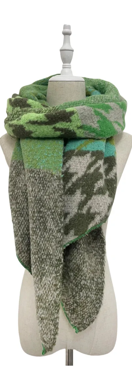 Houndstooth Diagonal Edge Wool Scarf - Green