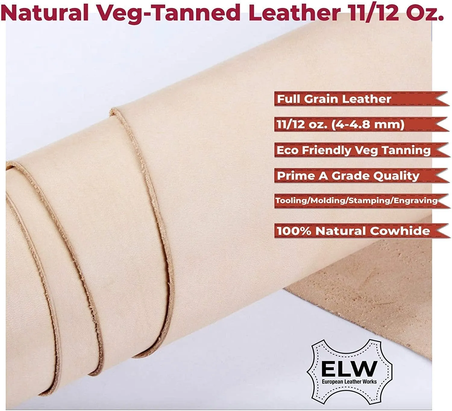 Import Tooling Craft Leather Thick Heavy Weight 11/12 oz | Pre-Cut 12"x12" | Vegetable Tanned | Full Grain | Crafts, Tooling, Hobby Workshop, Repair