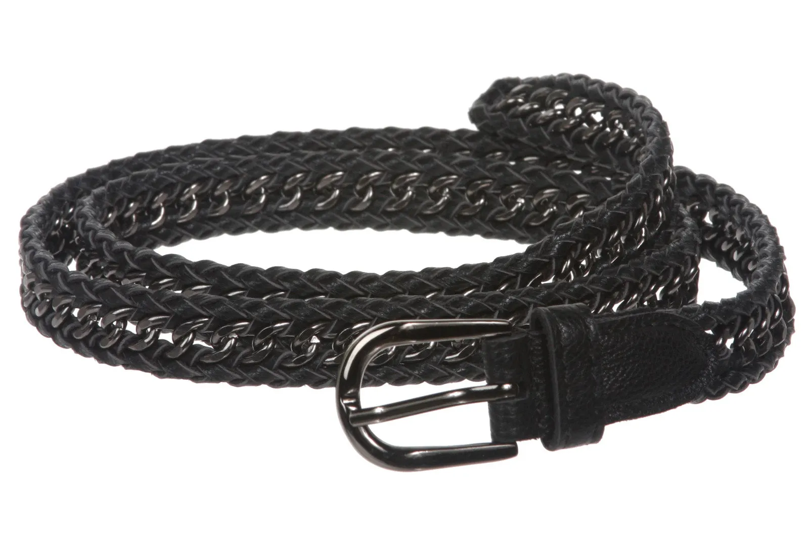 Ladies 3/4" (19mm) Skinny Metal Chain Woven Leather Braided Belt