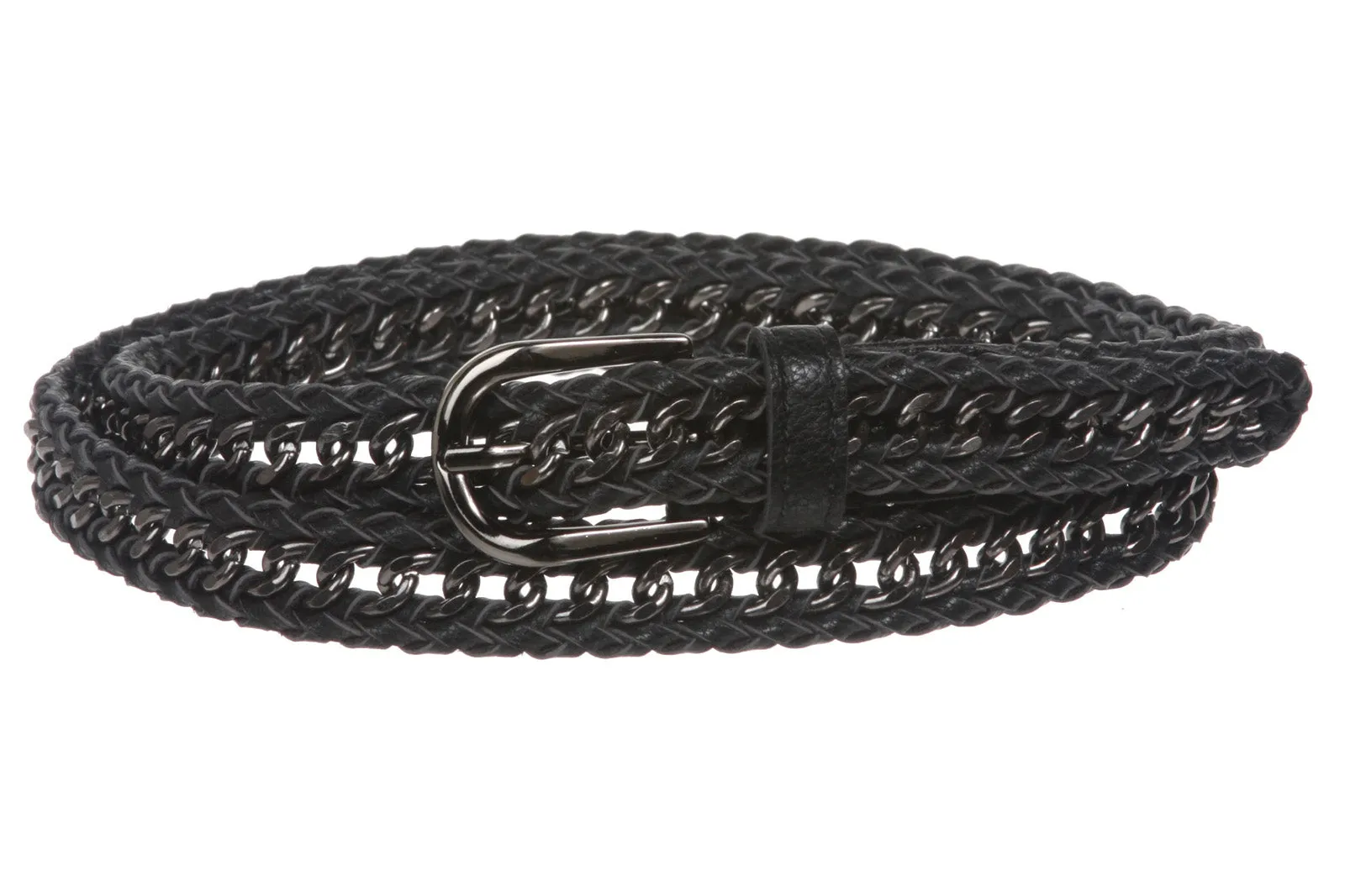 Ladies 3/4" (19mm) Skinny Metal Chain Woven Leather Braided Belt