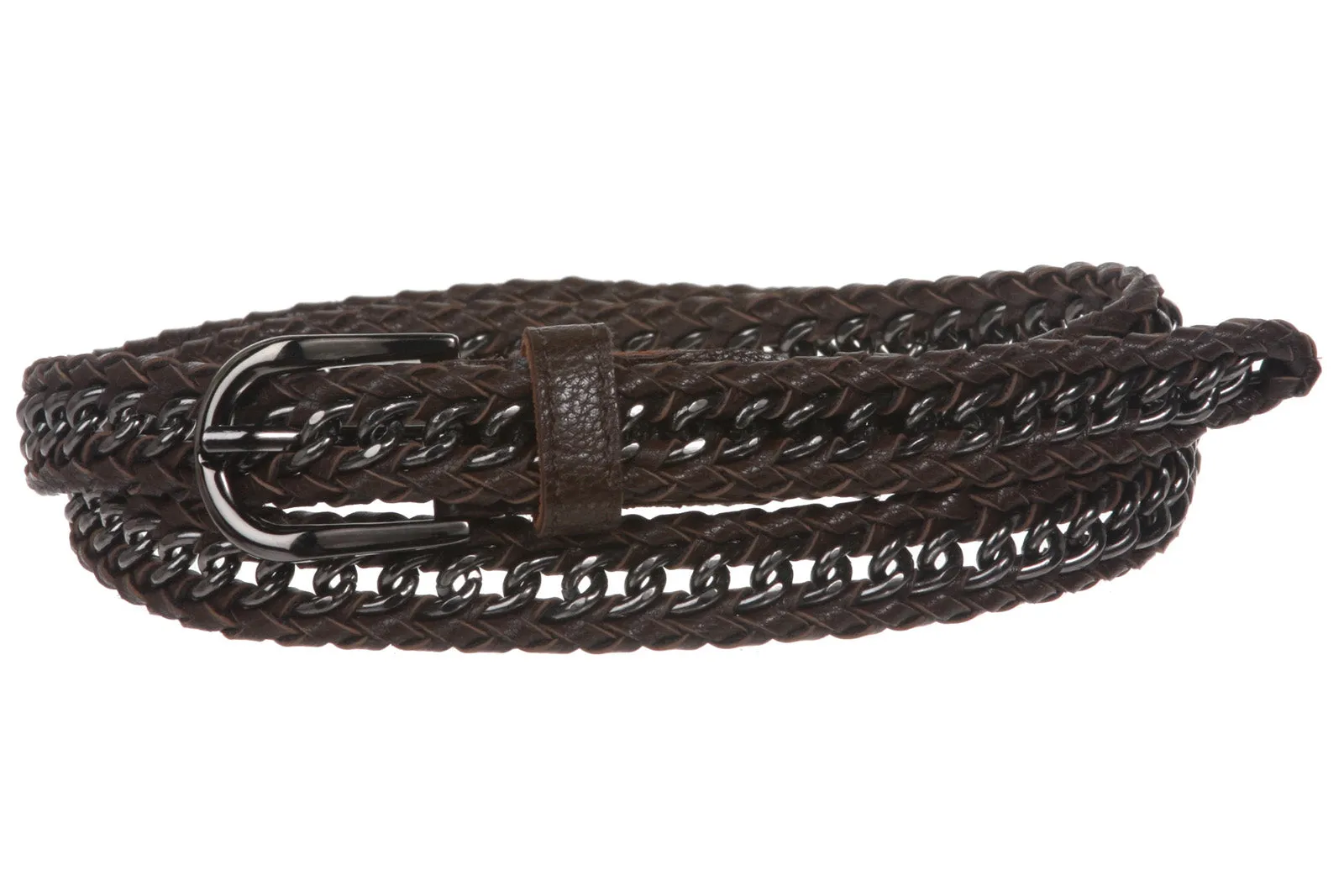 Ladies 3/4" (19mm) Skinny Metal Chain Woven Leather Braided Belt