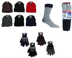 men's beanie hats, gloves, and merino wool blend socks combo Case of 180