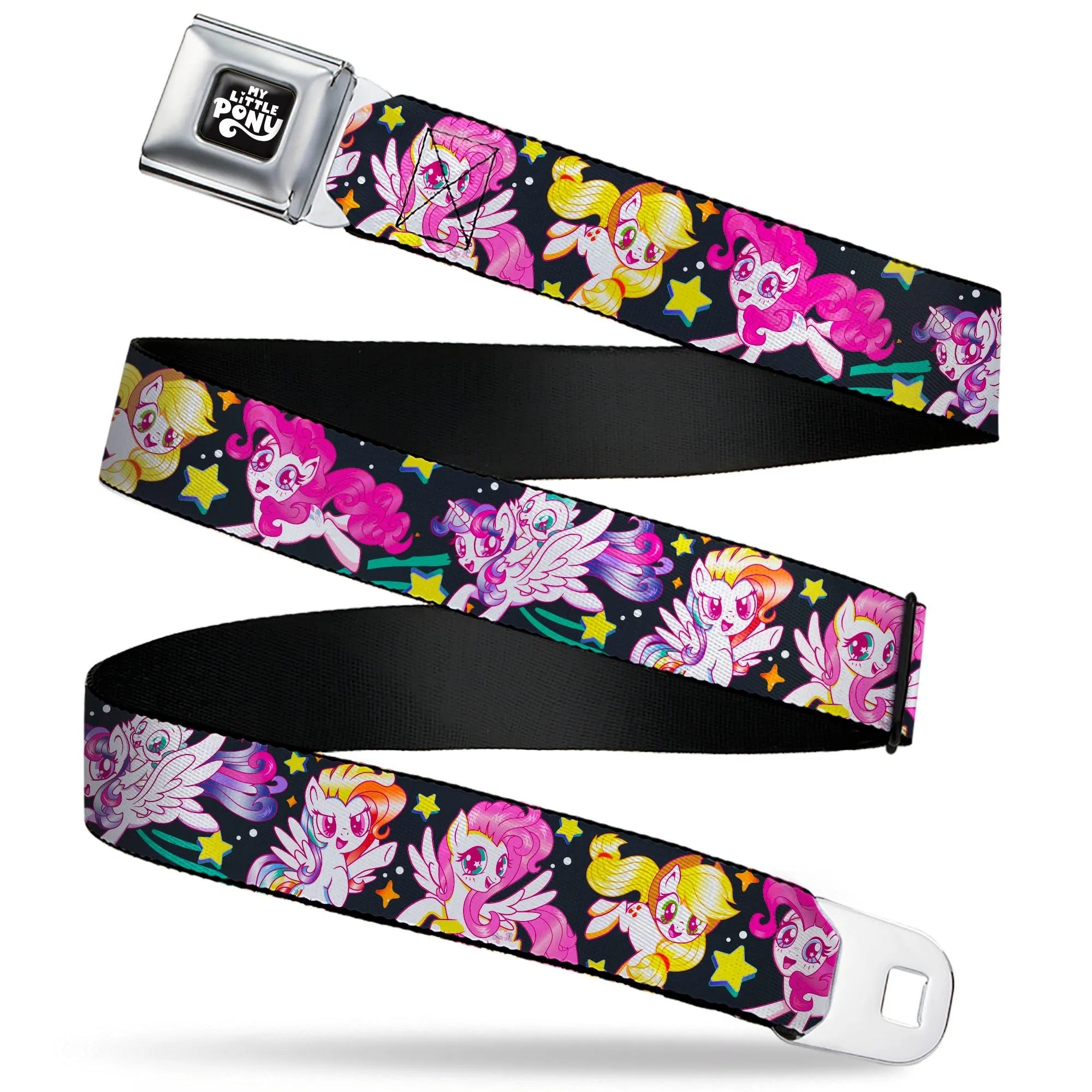 MY LITTLE PONY Title Logo Full Color Black/Purple/White Seatbelt Belt - My Little Pony Five Retro Pony Action Pose Black/Multi Color Webbing