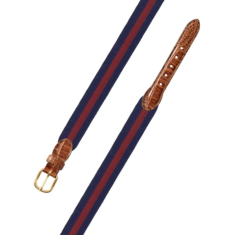 Navy & Burgundy Grosgrain Ribbon Leather Tab Belt