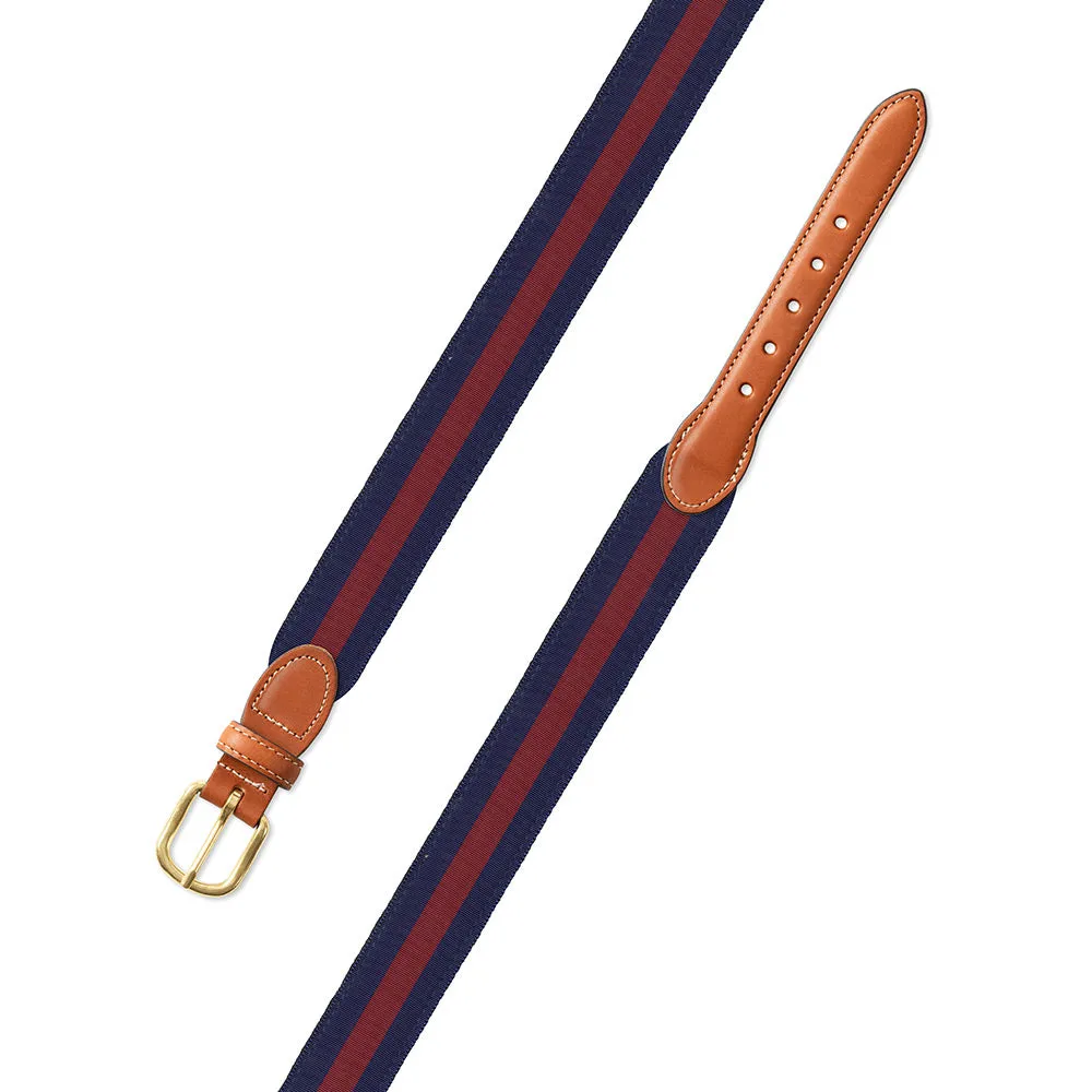 Navy & Burgundy Grosgrain Ribbon Leather Tab Belt