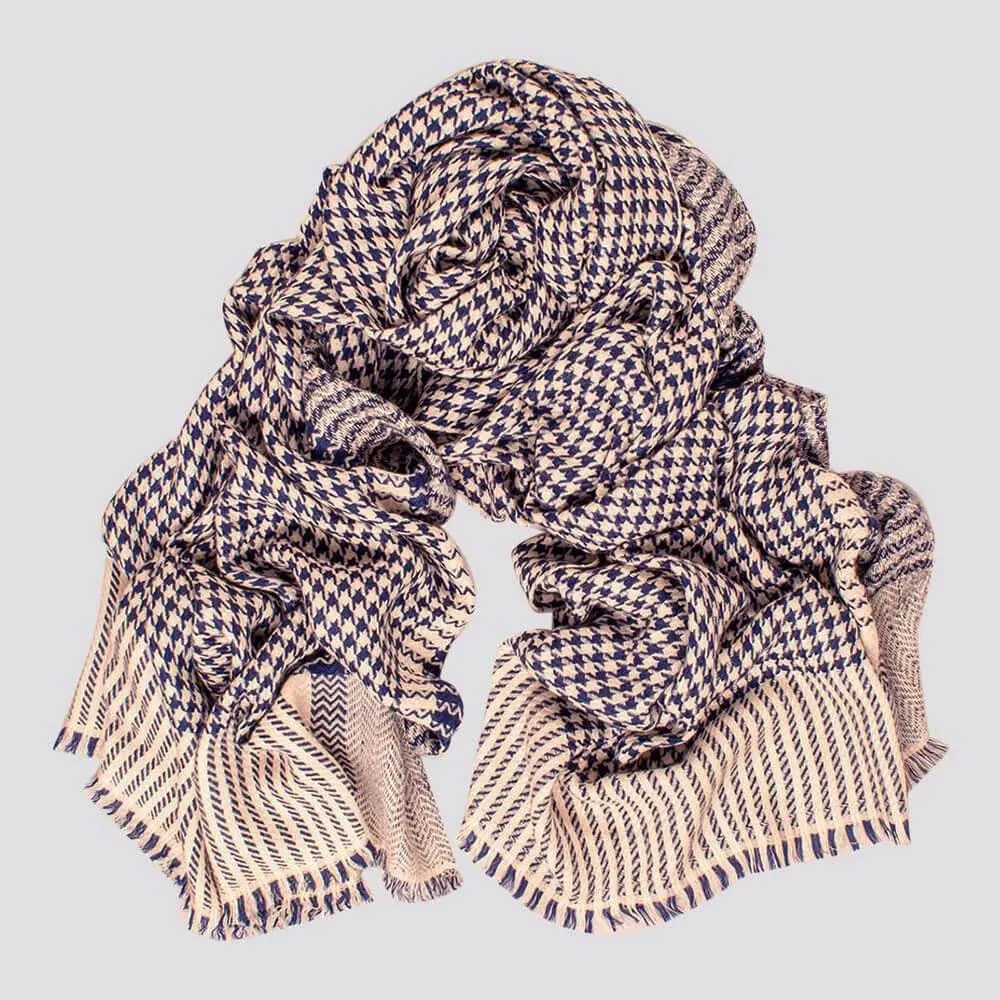 Navy and Ivory Houndstooth Cashmere Ring Shawl