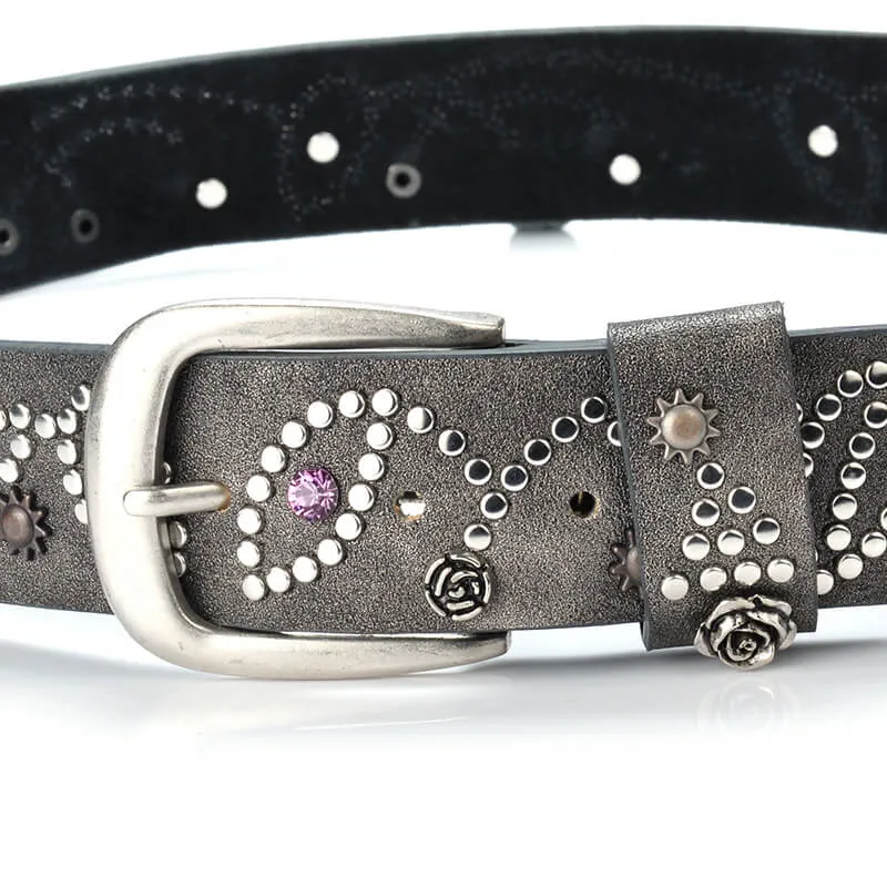 Rivet Rhinestone Studded Women Leather Belt For Jeans Pants