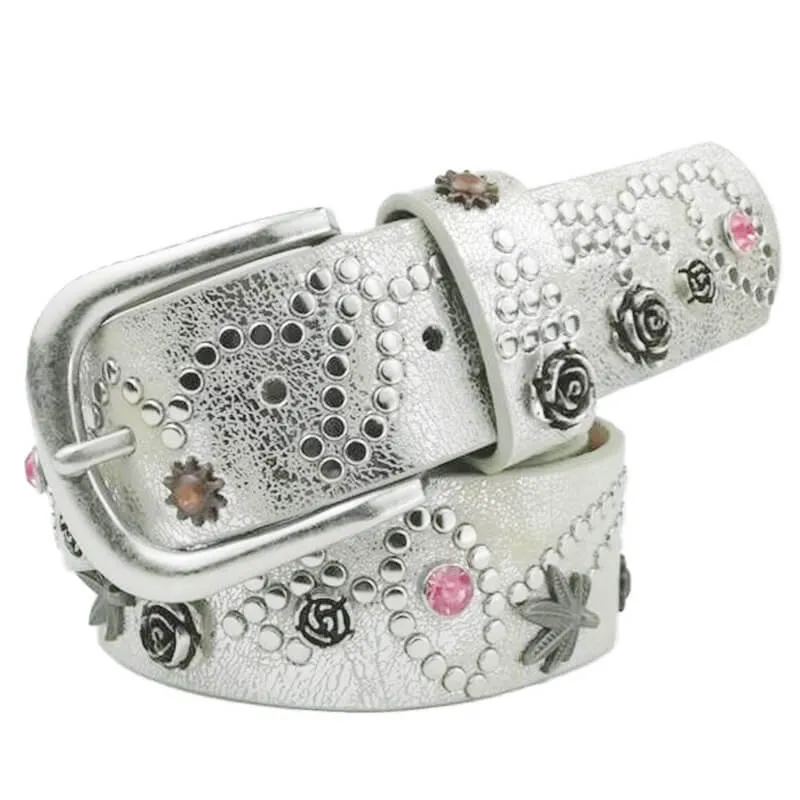 Rivet Rhinestone Studded Women Leather Belt For Jeans Pants