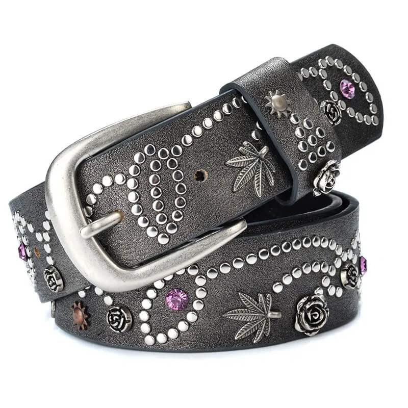 Rivet Rhinestone Studded Women Leather Belt For Jeans Pants