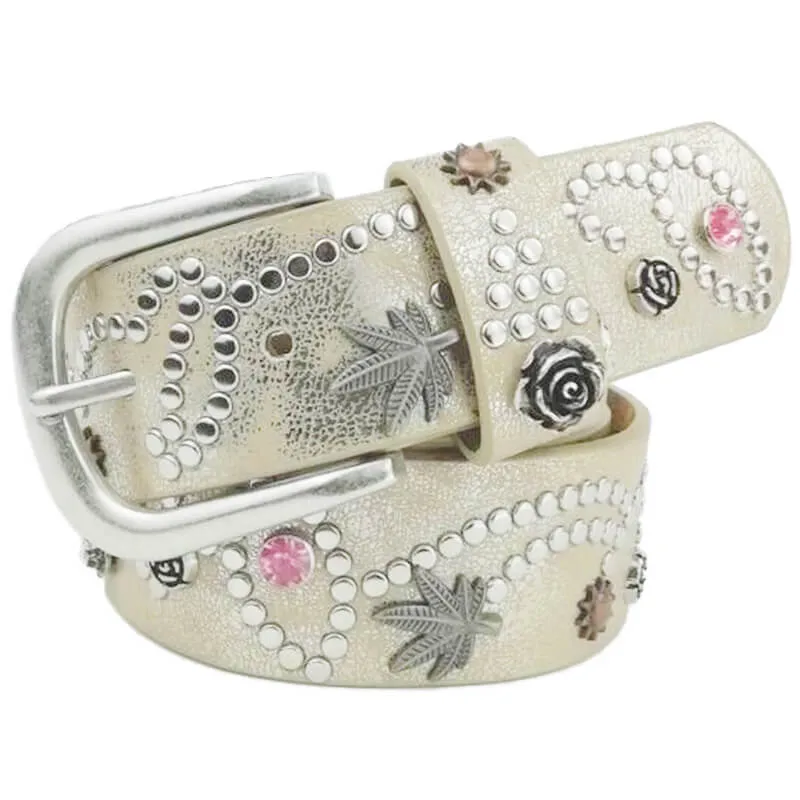 Rivet Rhinestone Studded Women Leather Belt For Jeans Pants