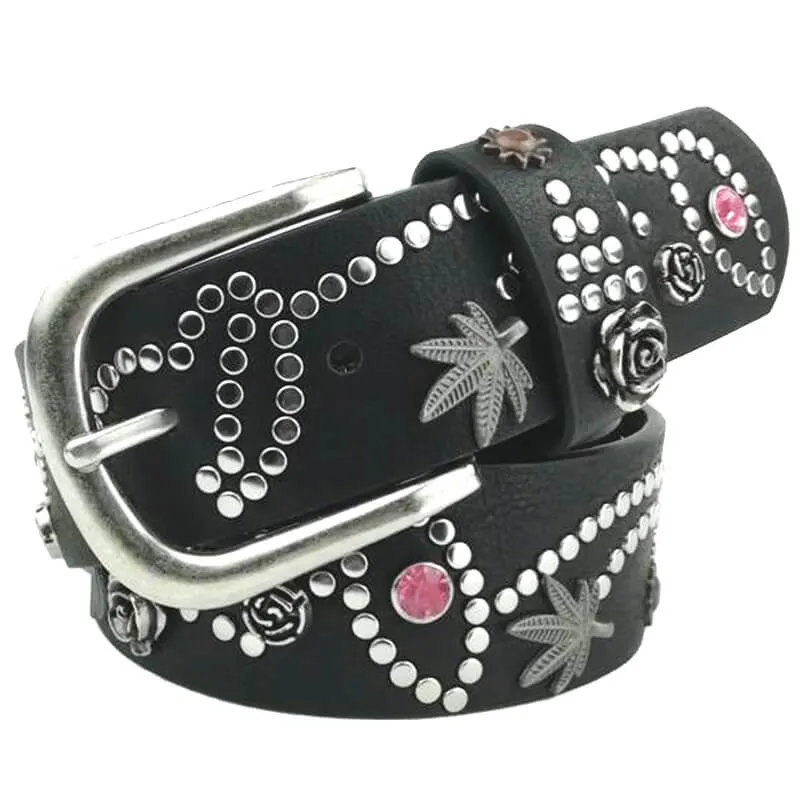 Rivet Rhinestone Studded Women Leather Belt For Jeans Pants