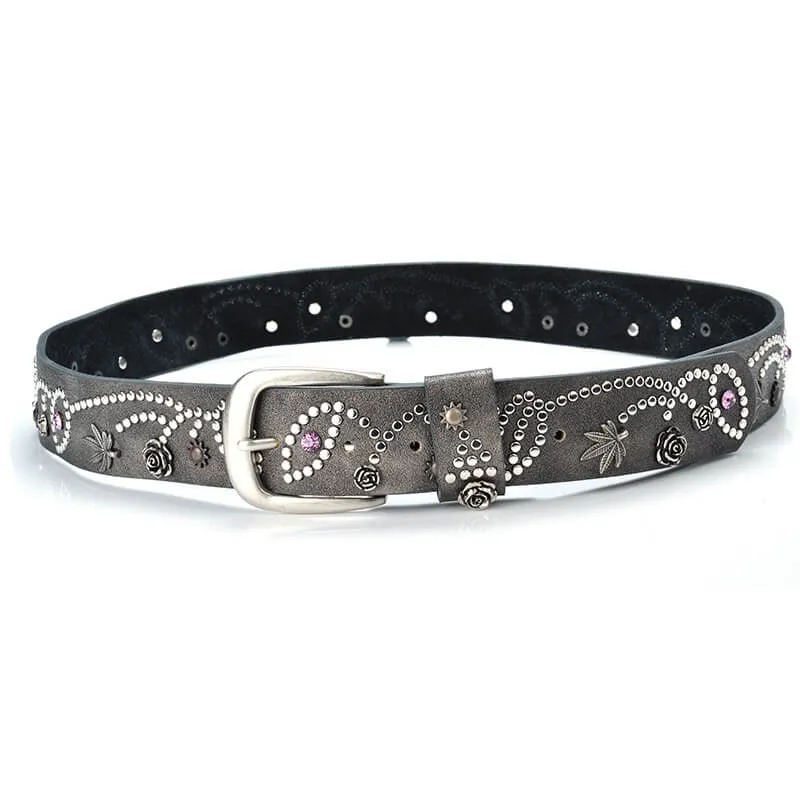 Rivet Rhinestone Studded Women Leather Belt For Jeans Pants