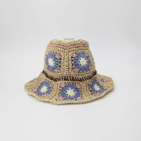 Straw Crochet Bucket Hat in Floral Natural, Pink & Blue