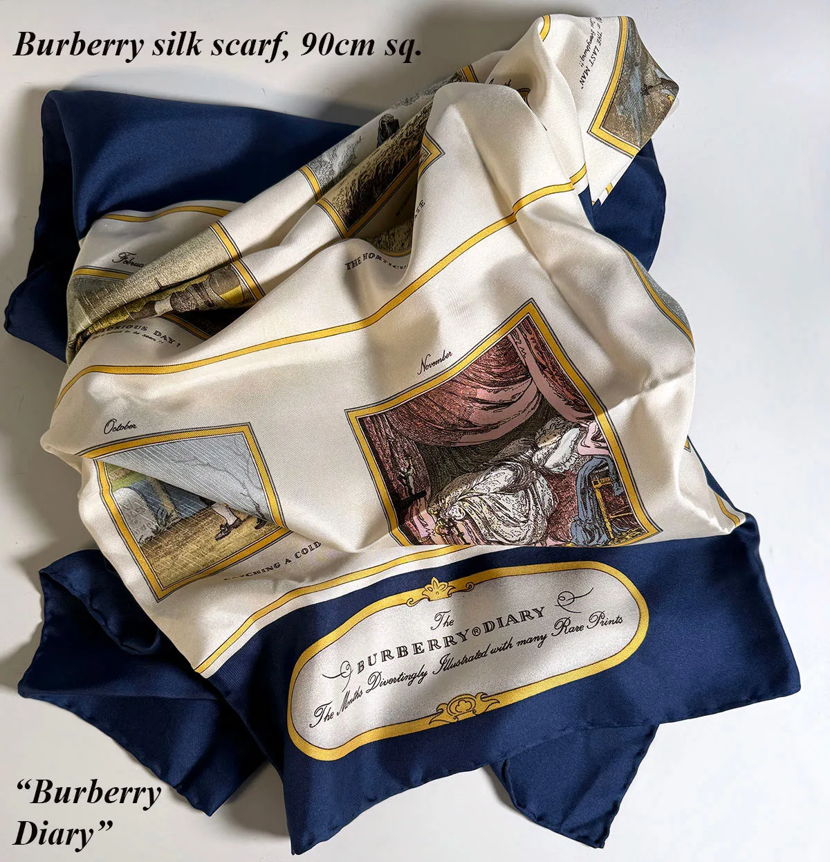 Vintage Burberry Silk Scarf, Queen Elizabeth Golden Jubilee Commemorative "Diary" 90 cm Square with Navy Blue Border