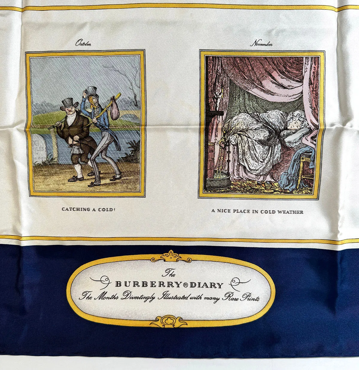 Vintage Burberry Silk Scarf, Queen Elizabeth Golden Jubilee Commemorative "Diary" 90 cm Square with Navy Blue Border