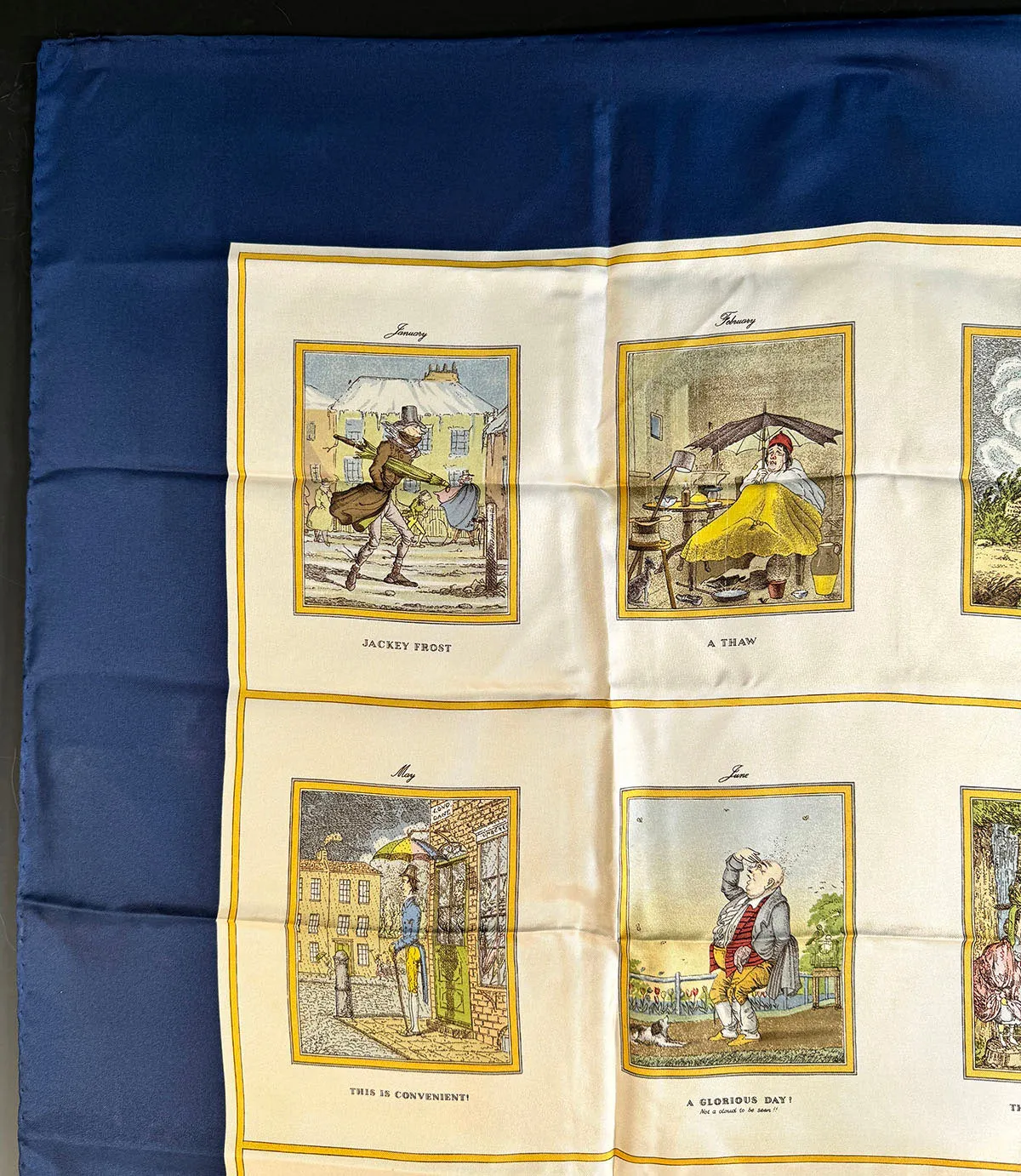 Vintage Burberry Silk Scarf, Queen Elizabeth Golden Jubilee Commemorative "Diary" 90 cm Square with Navy Blue Border