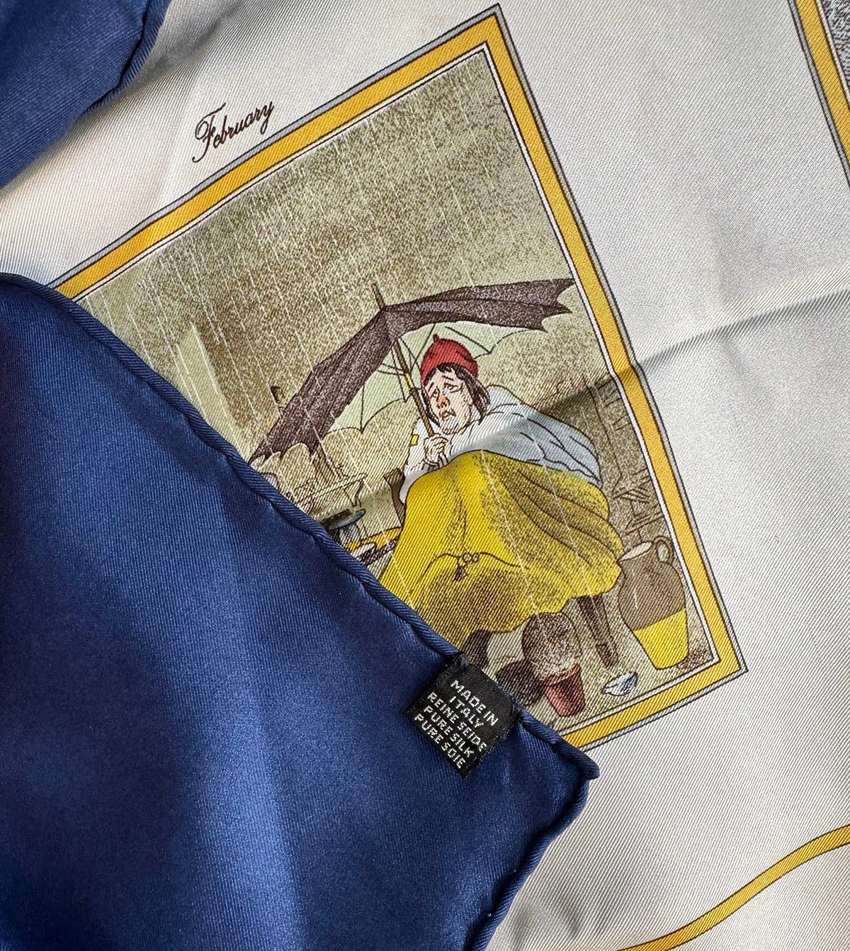 Vintage Burberry Silk Scarf, Queen Elizabeth Golden Jubilee Commemorative "Diary" 90 cm Square with Navy Blue Border