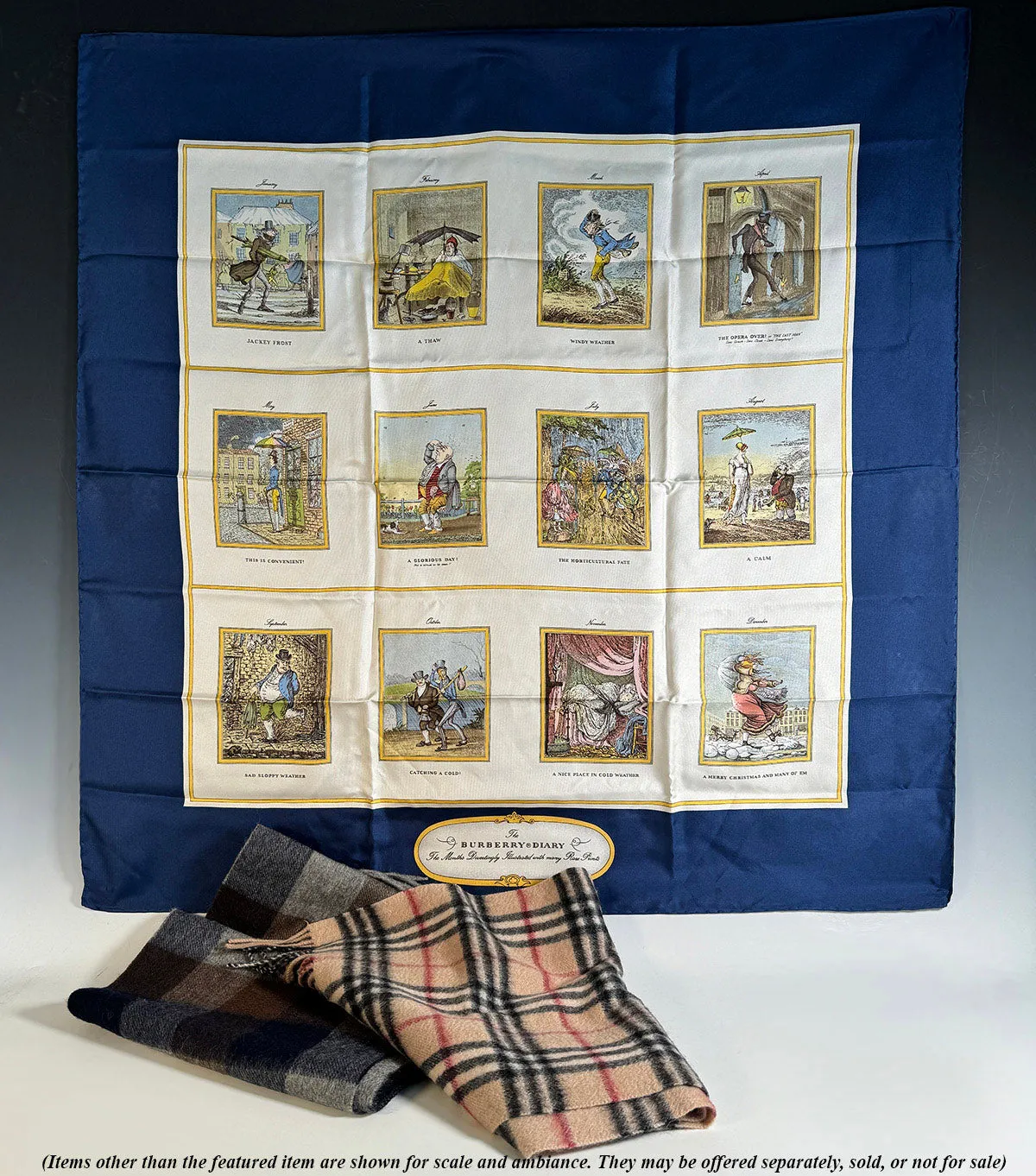 Vintage Burberry Silk Scarf, Queen Elizabeth Golden Jubilee Commemorative "Diary" 90 cm Square with Navy Blue Border