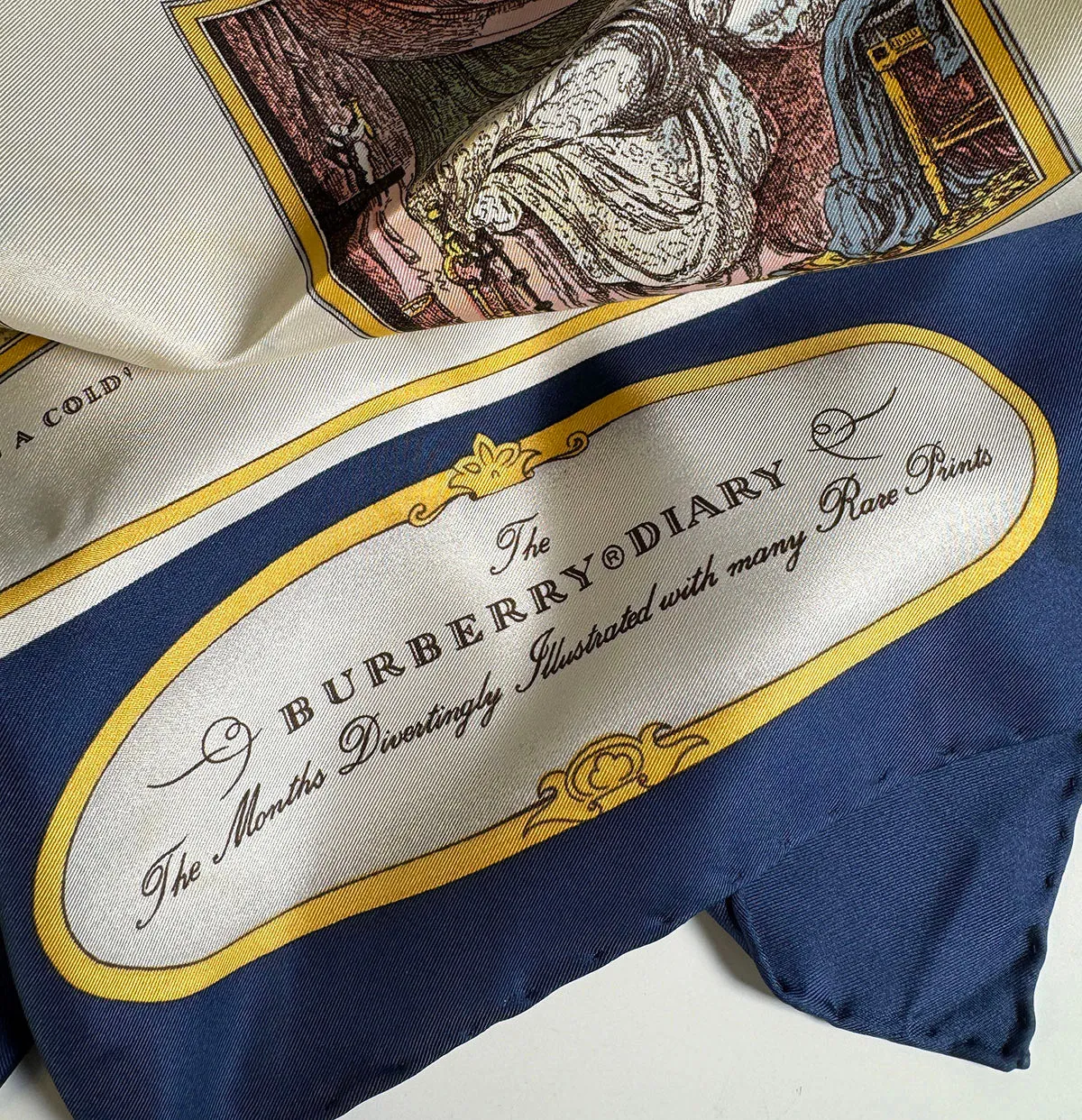 Vintage Burberry Silk Scarf, Queen Elizabeth Golden Jubilee Commemorative "Diary" 90 cm Square with Navy Blue Border